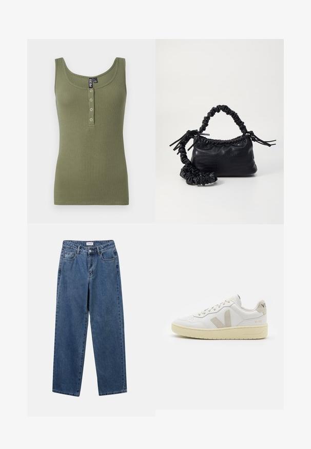 Olive rohelise soonikuga tank top, millel on ümmargune kaelus ja viis nööpauku ees. Pehme tekstuur ja liibuv disain.; Klassikalised sinised denimists teksad otsejalaga disainiga, viie taskuga ja nööbisuletusega. Omab keskmist pesu ja tugevat tekstuuri.; Valge nahast tenniseking, millel on beežist siidist aktsent ja aukudega varvas, lame paelad ja tekstureeritud koorevärvi tallad. Omab nüansirikast brändimist kannal.; Must must sünteetilisest nahast käekott, millel on krokodillimuster, kokku tõmmatav ülaosa ja kortsus rihm. Tundub pehme ja kompaktne disain.