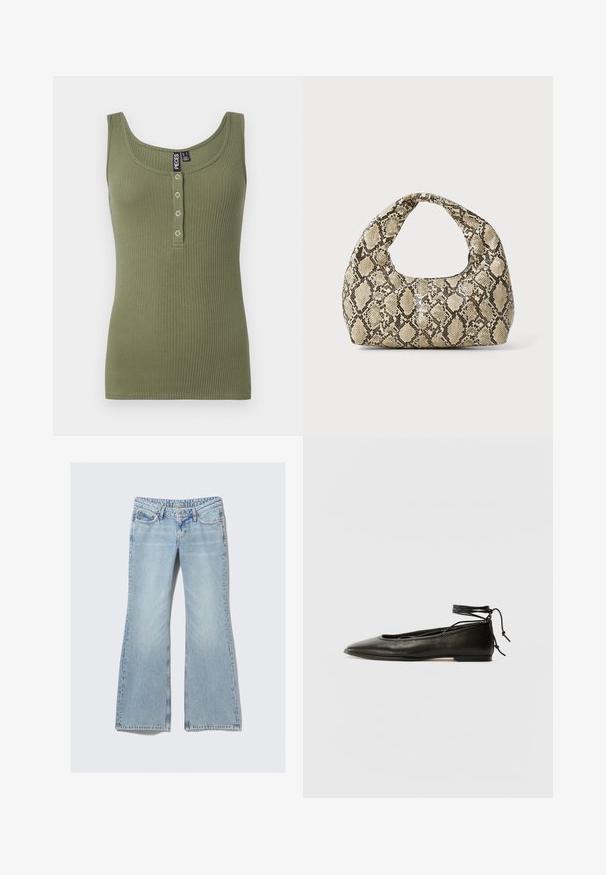 Olīvu zaļa ribota bezpiedurkņu krekliņš ar izgriezumu un piecu pogu aizdari priekšpusē. Mīksta tekstūra un pieguļošs dizains.; Weekday NOVA - Pieguloša piegriezuma džinsi - lip blue; Melnas ādas baleta kurpes ar smailu purngalu, potītes saitēm un plakanu zoli, kas izceļas ar gludu tekstūru un minimālistisku dizainu.; Čūsku raksta soma ar izliekto rokturi. Izgatavota no teksturētiem, bēšiem un brūniem materiāliem, ar izteiksmīgu dimanta rakstu.