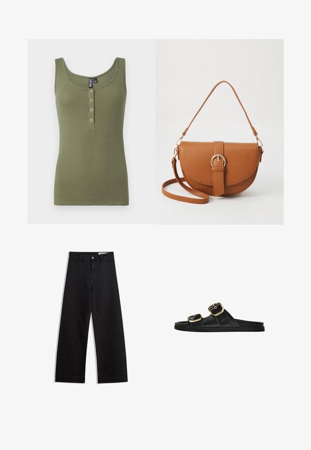 Oliivivihreä ribattu hihaton paita, jossa on pyöreä kaula-aukko ja viisi nappiä edessä. Pehmeä rakenne ja vartalonmyötäinen muotoilu.; Mustat leveät farkut korkealla vyötäröllä, joissa on etu- ja takataskut, ommellut saumat ja nappisuljenta. Silkinoinen rakenne.; Musta liukusandaali, jossa on kaksi kultaisesta solkesta tehtyä korostusta, sileäpintainen materiaali, litteä pohja ja minimalistinen muotoilu.; Ruskean nahkainen olkalaukku, jossa on kaareva muoto, kultaiset yksityiskohdat ja solkiyksityiskohta. Varustettu irrotettavalla olkahihnalla.