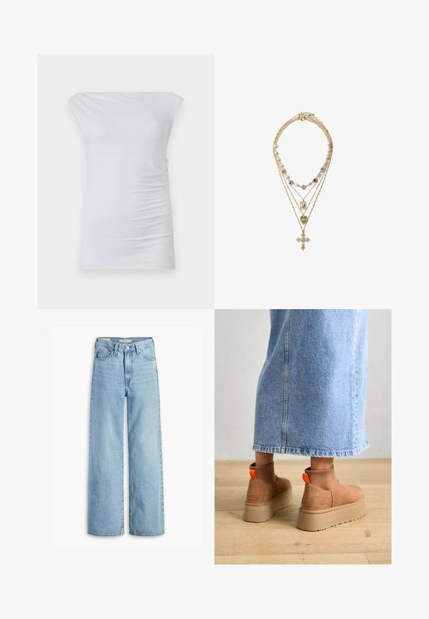 Fehér, vállnál leengedett top, puha anyagból készült; illeszkedő dizájnnal rendelkezik, finom oldalhúzással és sima textúrával.; Magas derekú, világoskék, bőszárú farmernadrág, elöl gombbal és cipzárral, övhurkokkal és öt zsebes stílussal.; Barna velúr platform csizmák elasztikus oldalsó panelekkel és narancssárga húzófülekkel, amelyek egy térdközépig érő világoskék farmer szoknyával vannak párosítva egy fás padlón.; Arany színű, rétegezett nyaklánc, különböző gyöngyökkel és színes drágakő díszítéssel, részletes medálokkal, beleértve a kereszt és szív formákat.