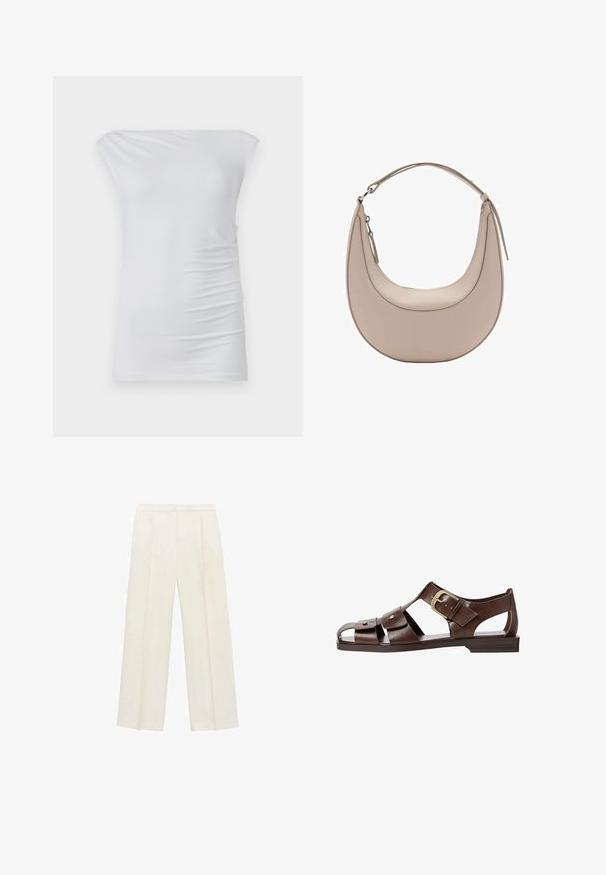 Bijela bluzica sa spuštenim ramenima izrađena od mekanog materijala; ima uski kroj s suptilnim naborima sa strane i glatku teksturu.; Hlače širokog kroja u svijetloj krem boji. Izrađene su od glatkog materijala s plisama sprijeda i bočnim džepovima.; Smeđe kožne sandale s izrezbarenim dizajnom, podesivim bočnim kopčanjem i ravnim potplatom, s metalnim detaljima i otvorenim prstima.; Bež kožna torba za rame u obliku polumjeseca, glatke teksture i s jednim zakrivljenim ručkom. Sadrži zatvor na zip i uredno šivenje.