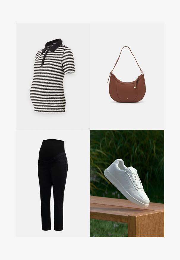 Mustvalge triibuline polo särk lühikeste varrukatega, must krae ja nööbiga esine sulgemine, loodud rasedusriietuseks.; Mustad rasedusjeansid, millel on veniv kõrge vöökoht ja kitsad sääred, disainitud mugavuse ja toe tagamiseks raseduse ajal.; Valged sneakerd, millel on sile sünteetiline ülemine osa, väikeste aukudega varvaskast, lamedad paelad ja tekstuuriga tald, eksponeeritud puidust pinnal.; Pruun faux nahast õlaline kott, millel on kaarjas kuju, minimaalne õmblemine ja kuldse tooni metallist aksessuaar. Omab ülemist tõmblukku ja reguleeritavat rihma.