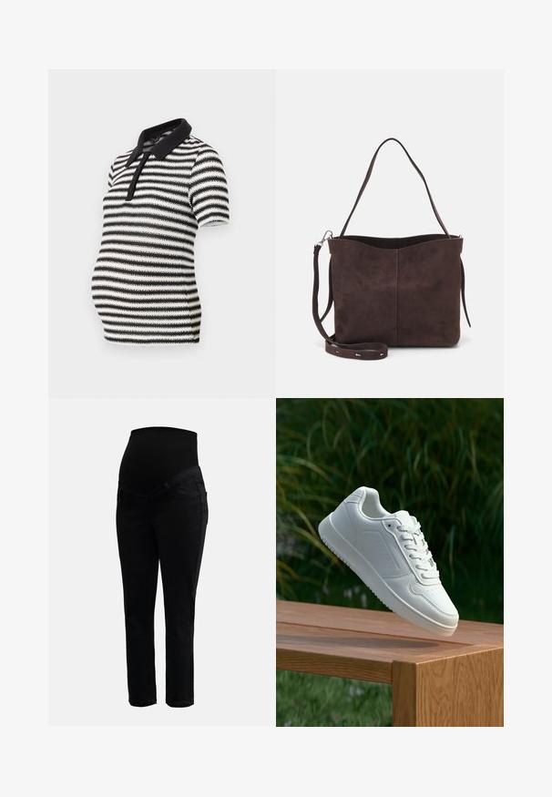 Czarną i białą koszulkę polo w paski z krótkim rękawem, czarną kołnierzykiem i zapięciem na guziki, zaprojektowaną do noszenia w czasie ciąży.; Czarne dżinsy ciążowe z elastycznym, wysokim pasem i dopasowanymi nogawkami, zaprojektowane z myślą o komforcie i wsparciu w czasie ciąży.; Biały sneaker z gładką syntetyczną cholewą, perforowanym noskiem, płaskimi sznurowadłami i teksturowaną podeszwą, wyeksponowany na drewnianej powierzchni.; Brązowa surowa torba na ramię o miękkiej fakturze, z pojedynczym paskiem na ramię i subtelnym, zakrzywionym otwarciem u góry. Brak widocznych detali metalowych.
