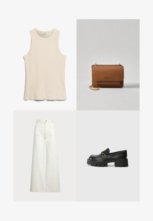 Sleeveless light beige tank top made from ribbed fabric, featuring a round neckline and a clean, minimalist design.; Wide-leg jeans in off-white denim. High-waisted design with a button closure, two front pockets, and contrast stitching details.; Black leather loafers with a chunky sole, featuring a gold-tone accent on the front and a smooth finish. Chunky tread design on the sole.; Brown textured leather crossbody bag with gold chain strap and flap closure. Front features logo detail and a pocket under the flap.