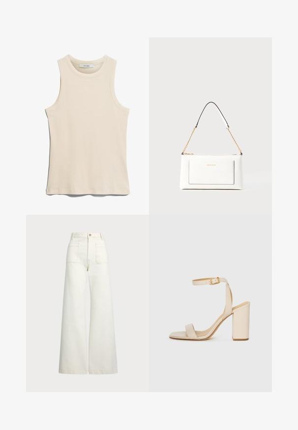 Bezrokavna svetlo bež majica z ribasto strukturo, okroglenim izrezom in čistim, minimalističnim dizajnom.; Široke jeans hlače v off-white denim tkanini. Visok pas z gumbnim zapiranjem, dvema sprednjima žepoma in detajli kontrastnega šivanja.; Bež visoke sandale s kvadratnim nosom, tankim trakicama okoli gležnja in blok peto. Gladka usnjena tekstura s podrobnostjo v zlati barvi.; Bela usnjena torbica z teksturirano površino, ki vključuje zlat pas in črne detajle. Ima sprednji žep in zadrgo.