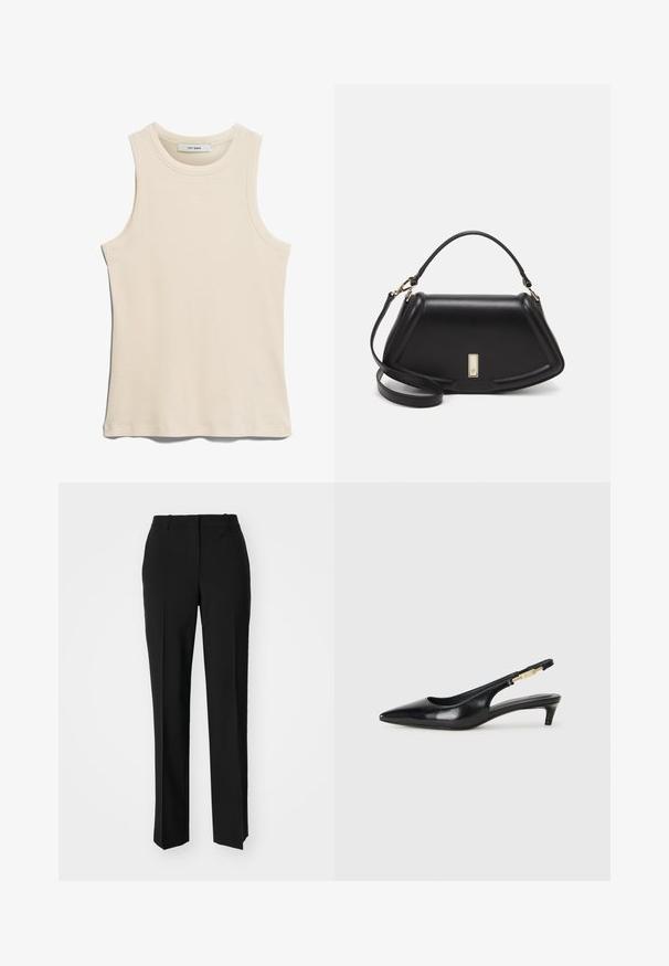 Top sin mangas de color beige claro hecho de tela acanalada, con un cuello redondo y un diseño limpio y minimalista.; Pantalones negros ajustados con un diseño de pierna recta, que presentan una textura suave y pliegues nítidos en el frente. Sin herrajes visibles.; Tacones negros de piel sintética tipo slingback con punta afilada, que cuentan con un tacón delgado y un detalle en tono dorado en la correa ajustable. Textura suave.; Bolso de mano de cuero negro con un diseño estructurado, que presenta una forma recortada, asa superior y acentos en dorado. Correa de hombro ajustable incluida.