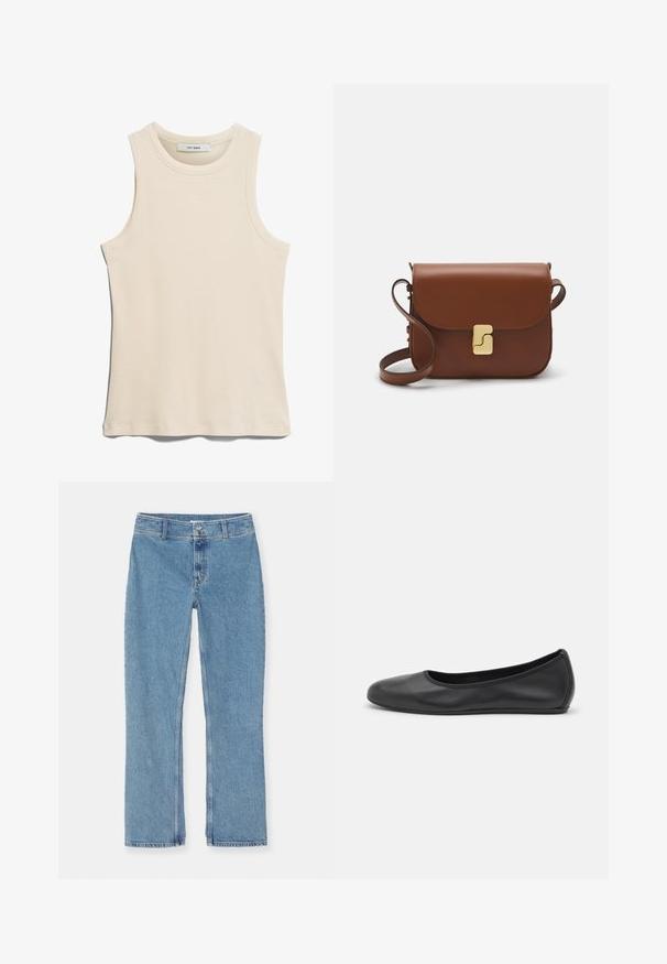 Beżowy bezrękawnik wykonany z prążkowanego materiału, z okrągłym dekoltem i prostym, minimalistycznym designem.; Jasnoniebieskie dżinsy z prostymi nogawkami, zapinane na guzik i zamek, z paskami do pasa oraz standardowym szwem na białym tle.; Czarne skórzane baletki z zaokrąglonym noskiem, gładką fakturą, minimalnymi przeszyciami i elastycznym designem podeszwy.; Brązowa skórzana torebka na ramię z klapką, złotymi detalami, paskiem na ramię i gładką teksturą. Kompaktowy prostokątny kształt.