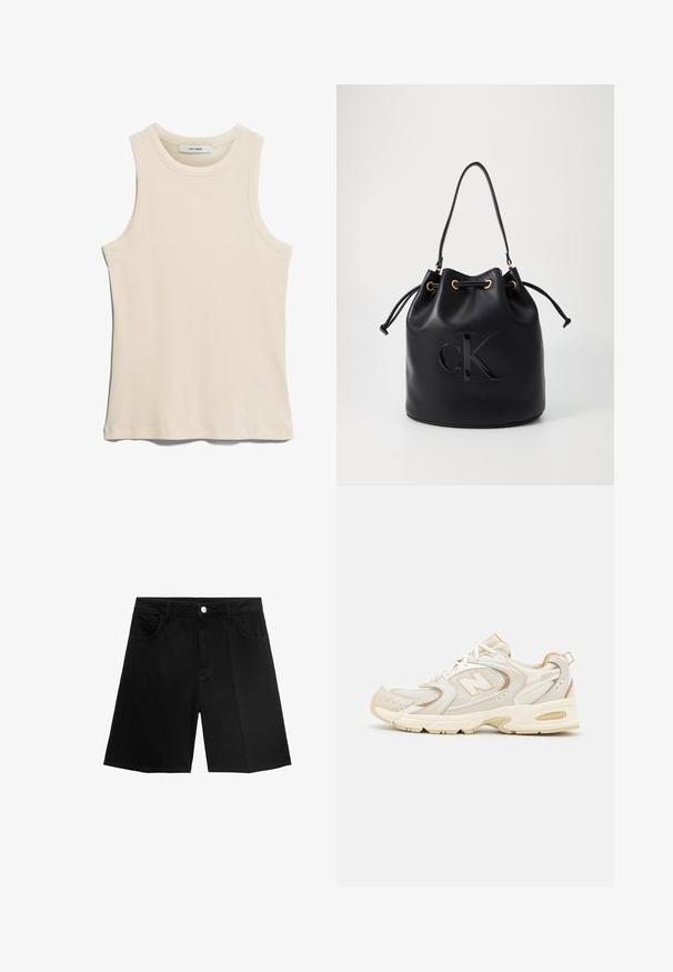 Ärmelloses, hellbeiges Tanktop aus geripptem Stoff, mit rundem Halsausschnitt und einem klaren, minimalistischen Design.; Schwarze Denim-Shorts mit geradem Schnitt, fünf Taschen und silbernem Knopfverschluss. Glatte Textur mit minimalen Nähten.; Beige Sportlichchuhe mit Mesh- und synthetischen Überzügen, mit einer strukturierten Oberfläche, gepolstertem Kragen und "ABZORB"-Dämpfung an der Ferse.; Schwarze Leder-Eimer-Tasche mit Kordelzugverschluss, ausgestattet mit einem glänzenden "CK"-Logo auf der Vorderseite und goldfarbenen Hardware-Akzenten.