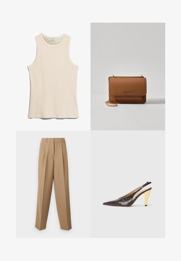 Bez piedurknēm, gaiši bēšas krāsas tīkliņš, izgatavots no ribota materiāla, ar apaļu kakla izgriezumu un tīru, minimālistisku dizainu.; Bēšas stilīgas bikses ar augstu jostasvietu, kroku priekšpusi un platām kājām. Audums izskatās gluds ar vieglu spīdumu.; Garinātā pīsma zole ar atvērtiem papēžiem, tumši brūnā spīdīgā mākslīgā krokodila ādā. Iezīmējas ar zelta krāsas ģeometrisku papēdi un regulējamu potītes jostu.; Brūna teksturēta ādas plecu soma ar zelta ķēdes siksnu un atloka aizdari. Priekšpusē ir logotipa detaļa un kabata zem atloka.