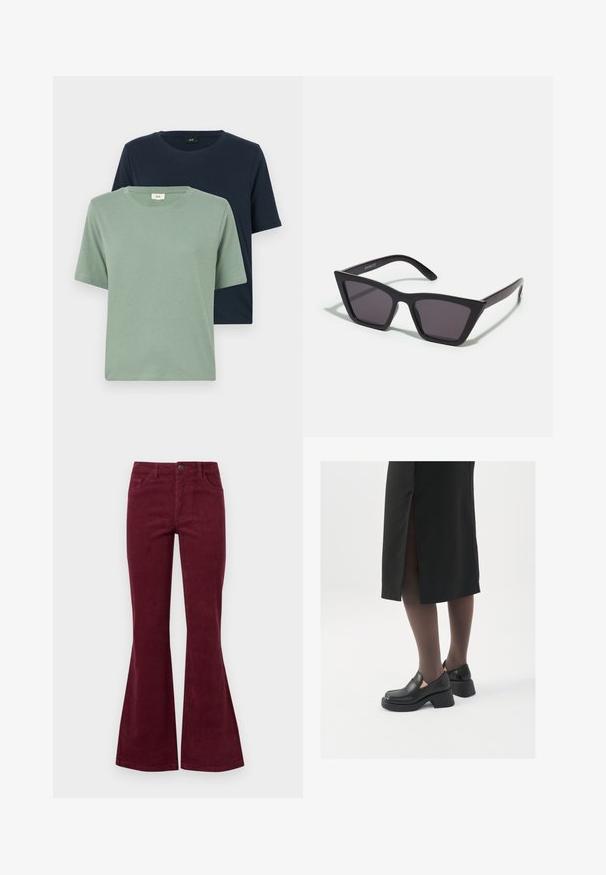 Duas t-shirts de mangas curtas em verde e azul-marinho, feitas de algodão macio. Gola redonda com uma textura suave e detalhes de costura mínimos.; Calças de veludo cotelê em bordeaux, com flare, cinco bolsos, fecho frontal por botão e tecido texturizado. O flare estende-se do joelho até a bainha.; Sapatos de couro pretos com bico arredondado, salto bloco grosso e detalhes elásticos laterais, combinados com meias escuras e uma saia preta com uma abertura.; Óculos de sol pretos, angulares, com lentes cinzas; feitos de plástico, apresentando hastes grossas com uma superfície lisa e sem hardware visível.