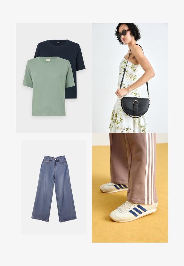 Două tricouri cu mânecă scurtă, în culorile verde și bleumarin, fabricate din bumbac moale. Decupaje rotunde la gât, cu o textură netedă și detalii minime de coasere.; Jeans din denim cu picioare largi într-o nuanță de albastru deschis, având talie înaltă, buzunare frontale și închidere cu nasture și bucle pentru curea.; Sneakers crem cu dungi din suede bleu, șireturi albe și talpă din cauciuc. Asortați cu pantaloni de trening gri cu dungi albe pe laterale.; Geantă din piele neagră, cu o formă curbată, curea detașabilă și accesorii aurii. Geanta are un capac cu un detaliu tip cataramă.