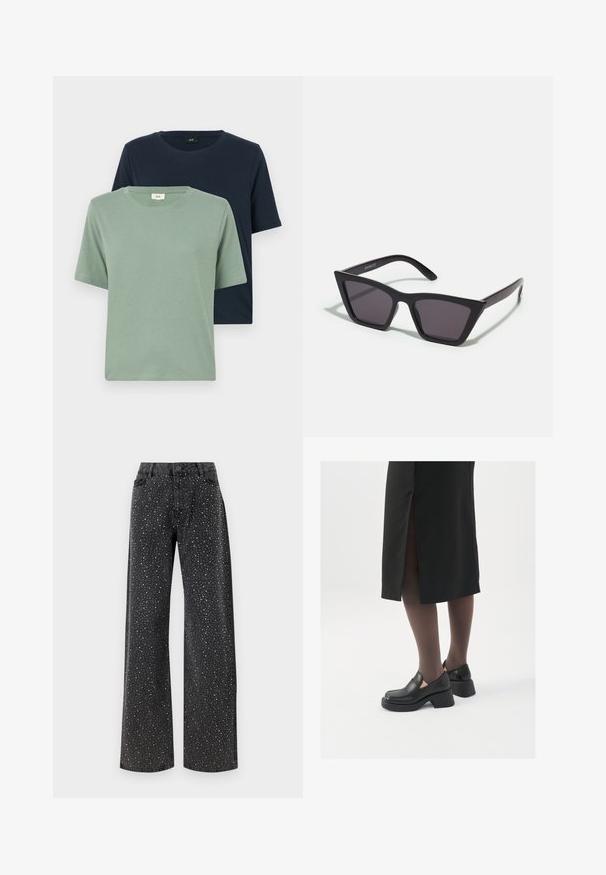 Dve tričká s krátkymi rukávmi v zelenej a námorníckej farbe, vyrobené z mäkkého bavlneného materiálu. Okrúhle výstrihy s jemnou textúrou a minimálnymi švovými detailami.; Noisy May NMJANNEL LOOSE - Džínsy voľného strihu - black denim; Čierne kožené topánky s okrúhlou špičkou, silným blokovým opätkom a elastickými bočnými akcentmi, skombinované s tmavými pančuchami a čiernou sukňou so štiepením.; Čierne, ostré slnečné okuliare so sivými sklami; vyrobené z plastu, majú hrubé ramená s hladkým povrchom a bez viditeľnej mechaniky.; Strieborné kruhové náušnice s minimalistickým dizajnom. Cirkulárny tvar, hladký povrch a tenký profil. Ľahké s lesklým povrchom.