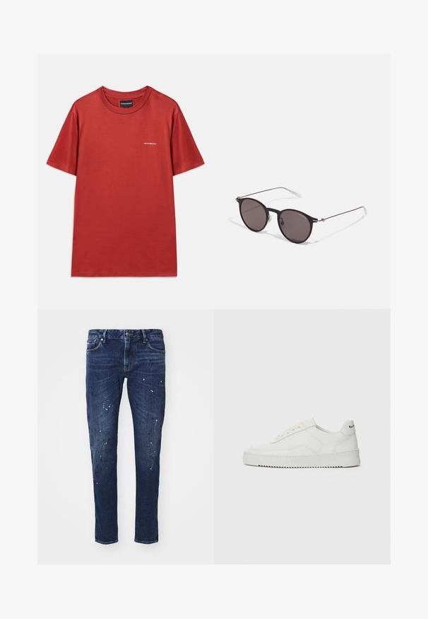 Punane puuvillane T-särk, laia kaelusega, lühikeste varrukatega ja diskreetse valge logoga rinnal, millel on sile tekstuur ja mugav lõige.; Tumed sinised teksad kitsas lõikega, millel on värvivired, nähtavad õmblused ja tavaline viie tasku disain. Sirge sääre lõige.; Valge nahast tennis, millel on sile põhi, ümar varvas, lamedad nöörid ja tekstuuriline tall. Sisaldab diskreetset logo kontsaribal.; Mustad mustad prillid tumedate läätsedega ja õhukeste metallist käepidemetega. Kaarja kujuga seljaosa ja hõbedased aktsendid hingel. Minimalistlik disain.