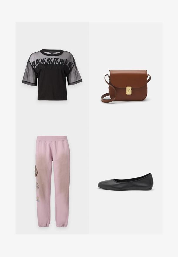 Top corto negro de manga corta con un escote y mangas de malla transparente, adornado con bordados en el pecho y un cuello redondo.; Pantalones de chándal rosas con cintura elástica, que presentan parches decorativos en forma de diamante en el lado izquierdo y puños elásticos en los tobillos.; Bailarina de piel negra con punta redondeada, textura suave, detalle de costura minimalista y diseño de suela flexible.; Bolso de mano de cuero marrón con cierre de solapa, herrajes en tono dorado, correa para el hombro y una textura suave. Forma rectangular compacta.