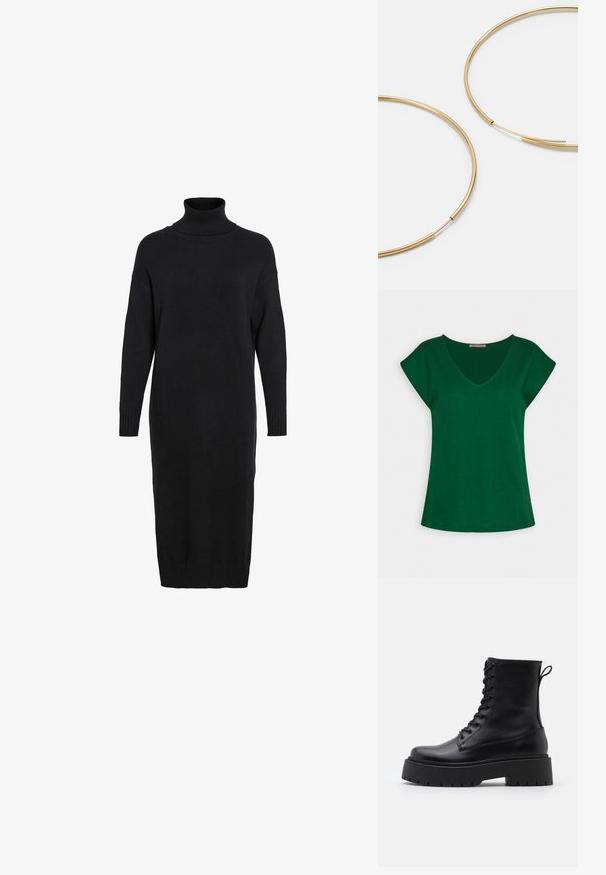 Grøn kortærmet t-shirt med V-udskæring, lavet af blødt bomuldsstof, der har rene linjer og en afslappet pasform.; Strikket sort rullekravekjole med lange ærmer, afslappet pasform, ribstrikkede manchetter og kant. Glat tekstur, knælængde silhuet.; Sorte læder ankelstøvler med rund tå, snørebånd foran og en tyk gummisål med struktureret slidbane. Hæfteløkke bagpå.; Sort læder clutchtaske med klap og detaljer i guldmetallisk spænde. Inkluderer en sort rem og et slankt, minimalistisk design.; Guldfarvede hoops øreringe, tynde og runde i formen, med en glat metallisk finish uden udsmykninger eller mønstre.