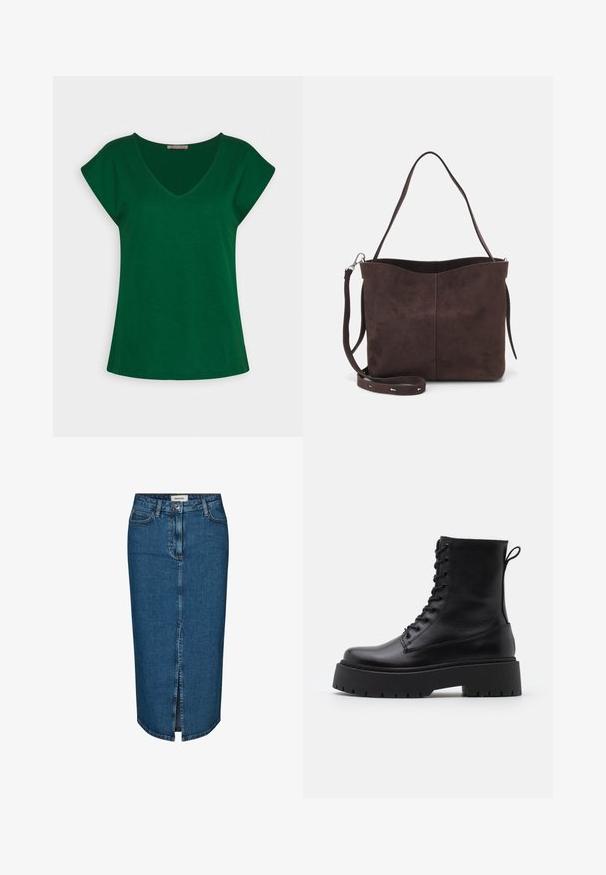 Grøn kortærmet t-shirt med V-udskæring, lavet af blødt bomuldsstof, der har rene linjer og en afslappet pasform.; Denim blyantskørt i mørkeblå, med en forslidse, fem lommer og kontrasterende syninger. Mellem høj talje med et klassisk design.; Sorte læder ankelstøvler med rund tå, snørebånd foran og en tyk gummisål med struktureret slidbane. Hæfteløkke bagpå.; Brun ruskinds tote bag med en blød tekstur, der har en enkelt skulderrem og en diskret buet topåbning. Ingen synlige hårde detaljer.