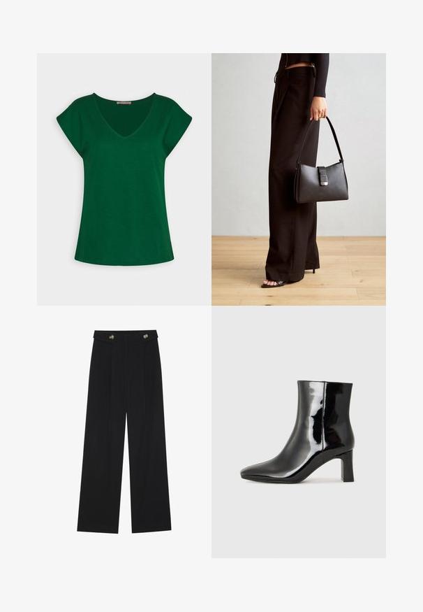 Roheline lühikeste varrukatega T-särk V-kaelusega, valmistatud pehmest puuvillakangast, puhaste joontega ja lõdva jaotusega.; Mustad laiad püksid kõrge vöökoha ja nööpdetailidega vööandil, esikortsudega.; Must-sinine nahkjalats musta läikiva viimistlusega, millel on terav nina ja keskmise kõrgusega plokk konts. Sile tekstuur ja minimalistik disain.; Must musta kott, millel on struktureeritud kuju, sile tekstuur ja metallist klamber. Kombineeritud laiate mustade pükstega ja avatud varvaste sandaalidega puidust põrandal.