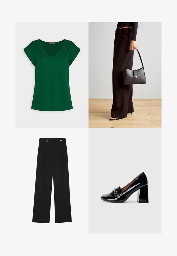 Green short-sleeve t-shirt with a V-neck design, made of soft cotton fabric, featuring clean lines and a relaxed fit.; Black wide-leg trousers with high waist, button details on waistband, and front pleats.; Black patent leather high-heeled shoe with a pointed toe and block heel. Features a decorative strap and buckle detail on the vamp.; Black handbag with structured shape, smooth texture, and a metallic clasp. Paired with wide black pants and open-toe sandals on wooden floor.
