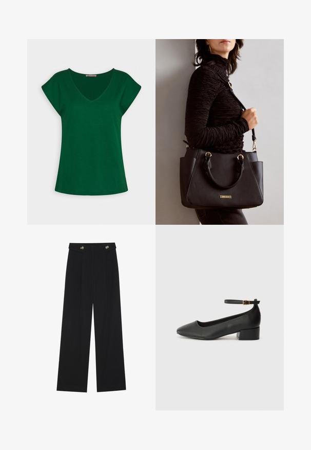 Grøn kortærmet t-shirt med V-udskæring, lavet af blødt bomuldsstof, der har rene linjer og en afslappet pasform.; Sorte vide bukser med høj talje, knapdetaljer på taljebåndet og frontfald.; Sorte læderpumper med spids tå og en lav blokhæl. Har en ankelrem med en guldfarvet spænde. Glat tekstur.; Sort håndtaske med struktureret overflade, dobbelt topbærere og justerbar skulderrem. Udstyret med guldfarvet metalhardware og sidelommer.