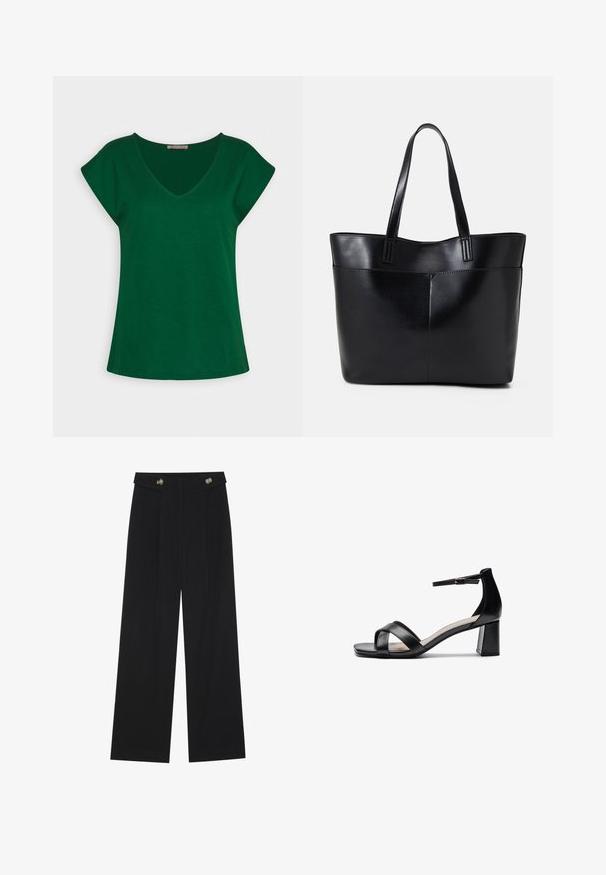 Green short-sleeve t-shirt with a V-neck design, made of soft cotton fabric, featuring clean lines and a relaxed fit.; Black wide-leg trousers with high waist, button details on waistband, and front pleats.; Black open-toe heeled sandal with crossed straps, adjustable ankle strap, and a chunky heel, featuring a smooth leather texture.; Black leather tote bag with two long handles, a smooth texture, and a structured shape. Features a front pocket for additional storage.