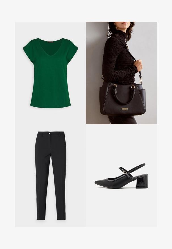 Zaļa īsām piedurknēm t-kreklu ar V veida dekoltē, izgatavots no mīkstas kokvilnas auduma, ar tīrām līnijām un brīvu piegriezumu.; Melnas piegrieztas bikses no gludas auduma, ar klasisku jostasvietu, priekšējo rāvējslēdzēju un sānu kabatām eleganti izsmalcinātā dizainā.; Melns patentēts ādas sandales ar norādīta pirksta formu, noapaļotu izgriezuma dizainu un bloķētu papēdi. Iezīmēta ar zelta toņa sprādzi.; Melnā rokassoma ar teksturētu virsmu, diviem augšējiem rokturiem un regulējamu pleca siksnu. Iespējas ar zelta krāsas aparatūru un sānu kabatām.