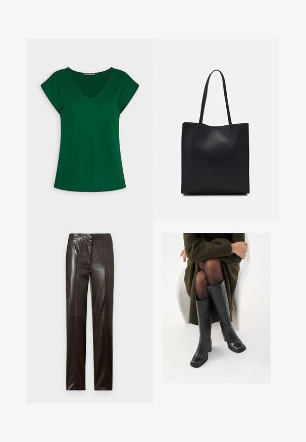 Roheline lühikeste varrukatega T-särk V-kaelusega, valmistatud pehmest puuvillakangast, puhaste joontega ja lõdva jaotusega.; Tumed pruun sirge säärega nahkpüksid, millel on sile pind ja peened õmblused ees.; Knee-high mustad nahast saapad nelinurkse varbaga ja plokilise kontsaga, esitatud mudeli kõrval, kes istub oliivirohelises mantlis. Sujuv tekstuur, minimaalne detailide arv.; Mustast nahast kott sujuva tekstuuriga, ristkülikukujuline ja kahe pika sangaga. Pole nähtavat riistvara ega kaunistusi.