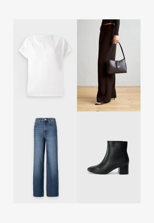Hvid kortærmet top med v-udskæring, blød tekstur og let samling ved skuldrene, med en afslappet pasform og lige kant.; Blå denimjeans med høj talje og vidde ben. Har et klassisk fem-lomme design og metal knapdetaljer.; Sorte læder ankelstøvler med spids tå og en kraftig hæl. Glat tekstur med minimale detaljer og et slankt, tætsiddende design.; Sort håndtaske med struktureret form, glat overflade og metalspænde. Sammen med brede sorte bukser og sandaler med åben tå på trægulv.