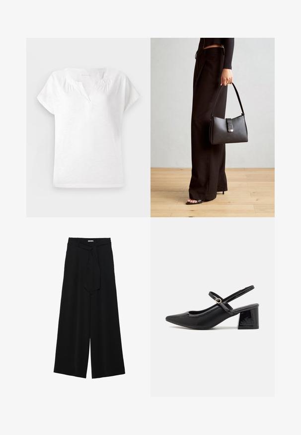 Valge lühikeste varrukatega topp v-kaelusega, pehme tekstuuriga ja õlgadel kerge kogunemisega, millel on lõdva istuvuse ja sirge äärega disain.; Mustad laiad püksid, millel on tekstureeritud kangas, elastne vöökoht ja eemaldatav pael vööst, et reguleerida sobivust.; Mustad läikivad nahast slingback-kõrged kontsad, millel on terav nina, ümar lõikekujundus ja blokknina. Omab kuldset nupu aktsenti.; Must musta kott, millel on struktureeritud kuju, sile tekstuur ja metallist klamber. Kombineeritud laiate mustade pükstega ja avatud varvaste sandaalidega puidust põrandal.