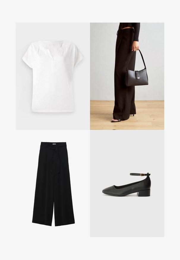 Top bianco a maniche corte con scollatura a V, texture morbida e leggero arriccio sulle spalle, caratterizzato da un fit comodo e orlo dritto.; Pantaloni neri a gamba larga caratterizzati da un tessuto testurizzato, una vita elastica e una cintura staccabile per una vestibilità regolabile.; Pump in pelle nera con punta affusolata e tacco basso a blocco. Presenta una cinghia alla caviglia con una fibbia in tonalità oro. Texture liscia.; Borsa nera con forma strutturata, texture liscia e una chiusura metallica. Abbinata a pantaloni neri larghi e sandali open-toe su un pavimento in legno.