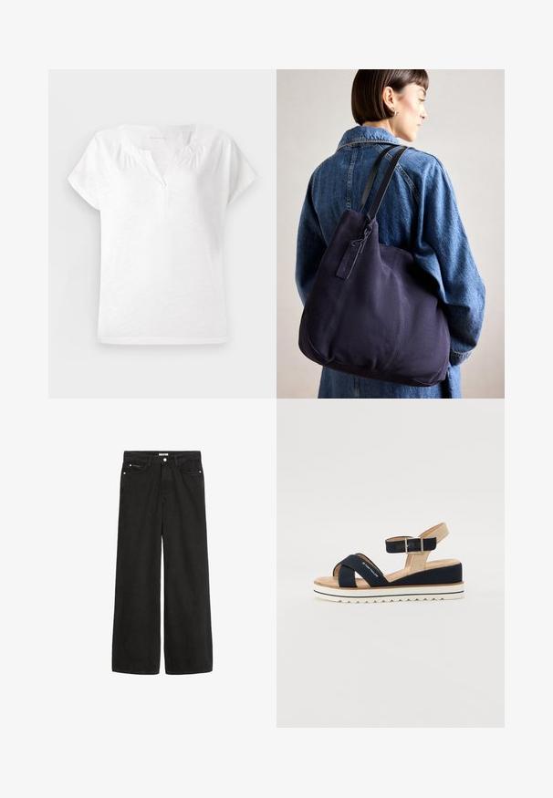 White short-sleeve top with a v-neckline, soft texture, and slight gathering at shoulders, featuring a relaxed fit and straight hem.; Wide-leg black denim jeans with a high waist. Features five pockets, metal hardware, and a clean finish. The texture is smooth and soft.; Navy blue sandal with two fabric straps, adjustable ankle strap, and textured beige back. Thick, white, scalloped sole. Brand printed on strap.; Navy canvas shoulder bag with a soft, structured shape, featuring a black strap, stitched detailing, and a small brand tag.