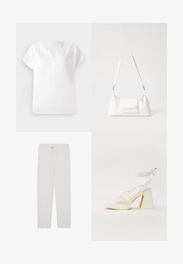 White short-sleeve top with a v-neckline, soft texture, and slight gathering at shoulders, featuring a relaxed fit and straight hem.; White, tailored trousers with a straight leg design, featuring a button closure, belt loops, and side pockets; smooth fabric texture.; White high-heeled sandal with a chunky heel, featuring a strappy design and ankle tie. Smooth texture with a platform front for added height.; White synthetic handbag with a triangular shape, flat front flap and bow detail, adjustable strap, smooth texture, and minimalistic design.
