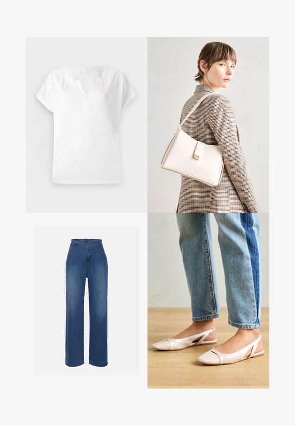 Baltas īsām piedurknēm tops ar V veida kakla izgriezumu, mīkstu tekstūru un nelielu savilkumu plecos, ar brīvu piegriezumu un taisnu apakšmalu.; Augstas jostas denima bikses vidēji zilā krāsā. Iespējas ir priekšējie pogu akcenti un plata kāju dizains. Audumam ir gluda tekstūra ar nelielu nodilumu.; Bālti rozā siksniņu dzīvokļi ar smailu purngalu, izgatavoti no gludas ādas līdzīgās materiāla. Iezīmē izgriezumu detaļas sānos un platu papēdi.; Balta ādas rokassoma ar strukturētu dizainu, kurai ir magnētiska aizdare un plecu josta, parādīta uz neitrāla fona.