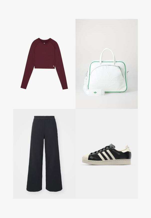 Burgundi spalvos ilgomis rankovėmis praplatintas viršus su apvaliu kaklu, prigludusio dizaino ir minimaliais prekių ženklų akcentais ant apvado. Lygus paviršius ir elastinga medžiaga.; Juoda plačių kojų sportinė kelnė, pagaminta iš minkštos medžiagos, su elastinga juosmens juosta ir mažu logotipu kairėje pusėje.; Juodi odiniai sportiniai bateliai su baltais dryžiais, guminis toe kapas, juodi raišteliai ir kreminis padas. Lygus pavirčius su blizgiu finišu.; Balta odinė rankinė su žaliu apvadais, išryškintu iškilmingu logotipu, dviem rankenomis, nuimamu dirželiu ir užtrauktuku užsegta priekinė kišenė.