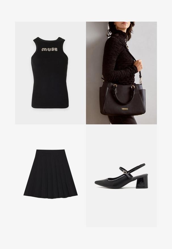Čierny bezrukávový top s rebrovanou textúrou a okrúhlym výstrihom, zdobený slovom "múza" v strieborných kamienkoch naprieč hrudníkom.; Čierna plisovaná sukňa vyrobená z textúrovanej látky s priliehavým pásom. Padá do dĺžky po kolená a má hladký, čistý siluetu.; Čierne lakované kožené lodičky so slingback dizajnom, špicatou špičkou, zaobleným výrezom a blokovým podpätkom. Obsahuje akcent zlatého tónu s prackou.; Čierna kabelka s textúrovaným povrchom, dvojitými hornými rúčkami a nastaviteľným ramenným popruhom. Obsahuje zlaté kovanie a bočné vrecká.