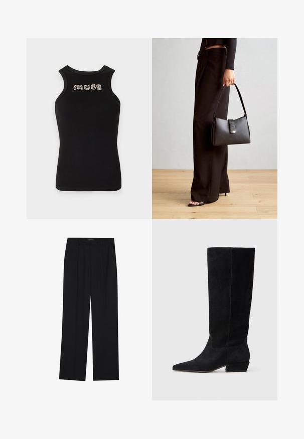 Schwarzes ärmelloses Tanktop mit geripptem Muster und rundem Ausschnitt, verziert mit dem Wort "Muse" aus silberenen Strasssteinen über der Brust.; Schwarze Hose mit geradem Bein, ausgestattet mit zwei frontalen Taschen und einem Taillenbund. Hergestellt aus einem glatten, leichten Stoff.; Schwarze Wildlederkniehohe Stiefel mit spitzem Absatz, niedrigem Blockabsatz und nahtlosen Seiten. Schlichtes Design ohne sichtbare Beschläge oder Akzente.; Schwarze Handtasche mit strukturierter Form, glatter Textur und einem metallischen Verschluss. Kombiniert mit weiten schwarzen Hosen und offenen Sandalen auf einem Holzboden.