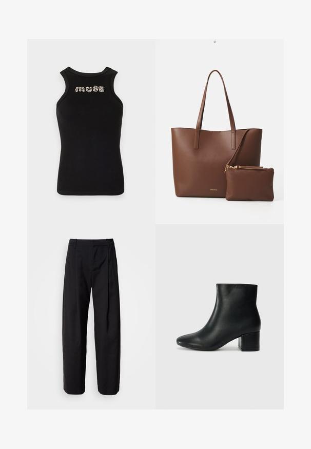 Canotta nera senza maniche con texture a coste e scollatura rotonda, con la parola "muse" in strass argentati sul petto.; Pantaloni neri con una vestibilità comoda, vita plissée e passanti per cintura. Tessuto liscio e gambe dritte, dotati di tasche laterali.; Stivali neri in pelle fino alla caviglia con punta appuntita e tacco spesso. Texture liscia con minimi dettagli e un design elegante e aderente.; Borsa a tote in finta pelle marrone con due manici lunghi e una piccola pochette coordinata. La superficie presenta un motivo testurizzato e dettagli in metallo dorato.