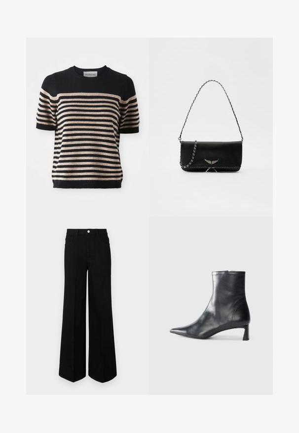 Striped short-sleeve sweater made from a soft material; features navy blue and beige stripes, round neckline, and ribbed hem.; Black wide-leg jeans made of sturdy fabric, featuring a high waist, front pockets, and a front button closure. Flat hem at the bottom.; Black leather ankle boot with a pointed toe and a sleek design. Features a low heel and a zipper closure at the back. Smooth texture.; Black leather handbag with a silver chain strap, featuring decorative wing accents and white stitching along the bottom seam.