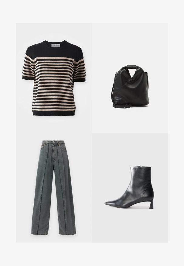 Pulover cu mânecă scurtă și dungi, realizat dintr-un material moale; prezintă dungi navy și bej, guler rotund și tiv ribat.; Blugi de denim gri închis, cu croi larg, talie înaltă, detalii de cusătură desfăcută care se extind vertical pe față și design clasic cu cinci buzunare.; Cizmă de gleznă din piele neagră cu vârf ascuțit și un design elegant. Dispune de un toc mic și de o închidere cu fermoar la spate. Textură netedă.; Geantă din piele moale, neagră, cu un design unic, răsucit. Dispune de o mânere scurtă și o curea de umăr detașabilă. Stil minimalist.