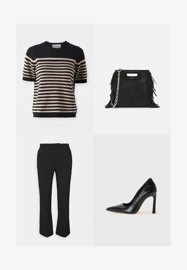 Suéter de manga corta a rayas fabricado con un material suave; cuenta con rayas en azul marino y beige, cuello redondo y dobladillo acanalado.; Pantalones negros ajustados con un diseño de pierna recta, que cuentan con pasadores para cinturón y bolsillos laterales. Elaborados con una tela suave y un acabado limpio.; Zapato de tacón alto negro con punta afilada y textura de piel de cocodrilo, que presenta un diseño elegante, un alto tacón de aguja y un interior negro suave.; Bolso de mano de cuero negro con detalles de flecos, correa de cadena dorada para el hombro y un asa con corte. Presenta una colocación del logotipo en la parte frontal.