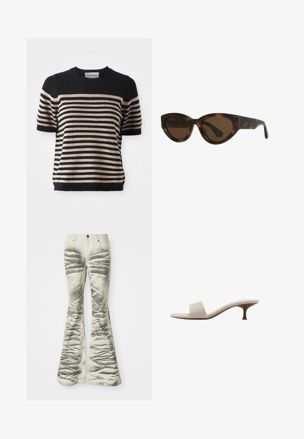Maglione a maniche corte a righe realizzato in un materiale morbido; presenta righe blu navy e beige, scollo rotondo e orlo a coste.; Jeans svasati di colore chiaro con strisce orizzontali nere testurizzate e dettagli stropicciati, dotati di tasche frontali e chiusura con bottone in metallo.; Sandal senza tacco con tomaia in tessuto intrecciato beige, punta aperta e suola intermedia curva in legno. Il design presenta una superficie liscia e una forma minimalista.; Occhiali da sole a forma di cat-eye con montatura tartarugata e lenti marroni, dotati di una struttura in plastica liscia e lucida e un design elegante. Senza loghi o dettagli visibili.