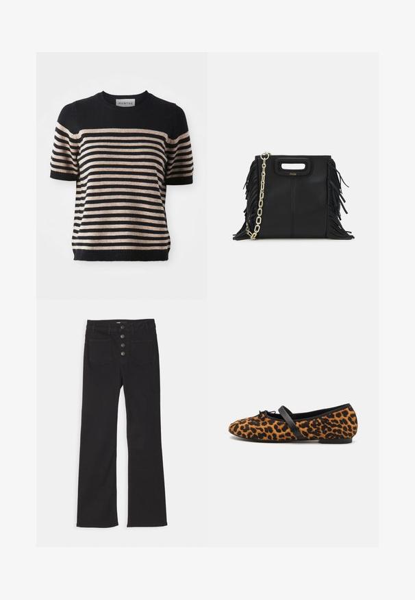 Maglione a maniche corte a righe realizzato in un materiale morbido; presenta righe blu navy e beige, scollo rotondo e orlo a coste.; Jeans neri in denim a zampa d'elefante con vita alta, design a cinque tasche e chiusura frontale con quattro bottoni metallici.; Ballerine in stampa leopardata con dettagli neri, caratterizzate da una punta arrotondata, una suola piatta e un fiocco decorativo sulla parte anteriore. Texture morbida.; Borsa a tracolla in pelle nera con dettagli a frangia, catena dorata e manico ritagliato. Presenta il logo sulla parte anteriore.