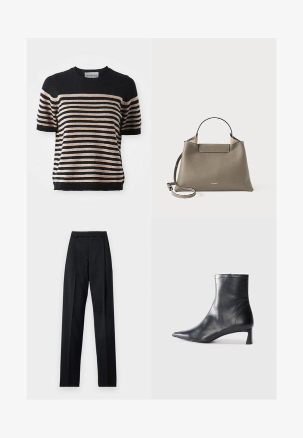 Raidallinen lyhythihainen neulepaita, joka on valmistettu pehmeästä materiaalista; ominaisuuksiin kuuluvat tummansiniset ja beige raidat, pyöreä pääntiä ja joustinneuleinen helma.; Musta housut, jotka on valmistettu sileästä kankaasta ja joissa on korkea vyötärö, leveät lahkeet, etukaarteet ja klassiset vyölenkit. Ei näkyviä sivutaskuja.; Musta nahkainen nilkkabotti, jossa on teräväkärkinen muotoilu ja tyylikäs design. Varusteena matala korko ja takana vetoketjukiinnitys. Sileä pinta.; Harsoharmaa nahkainen käsilaukku, jossa on yläkahva ja säädettävä olkahihna. Laukussa on minimalistinen muotoilu ja hienovarainen brändäys, joka on kohotettu etupuolelle.