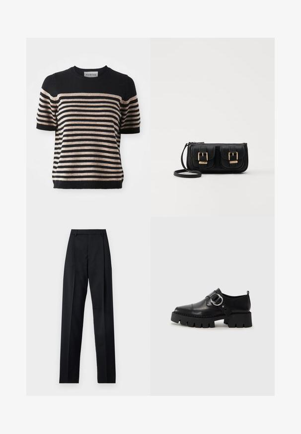 Svītrainā īsajās piedurknēs džemperis, kas izgatavots no mīkstā materiāla; tam ir tumši zila un bēša svītra, apaļa kakla izgriezums un ribota apmale.; Melnas bikses, izgatavotas no gludas auduma, ar augstu vidukli, platiem bikšu galdniekiem, priekšējiem krokām un klasiskām jostu cilpām. Sānu kabatas nav redzamas.; Melni ādas apavi ar masīvu, rievojumu zoli, ar apaļu sudraba aksesuāru un minimālām šuvēm.; Melnas ādas crossbody soma ar divām priekšējām kabatām, zelta sprādzēm, ar rāvējslēdzēju aizdari un šauru siksnu. Strukturēta virsma un kompakta taisnstūra forma.