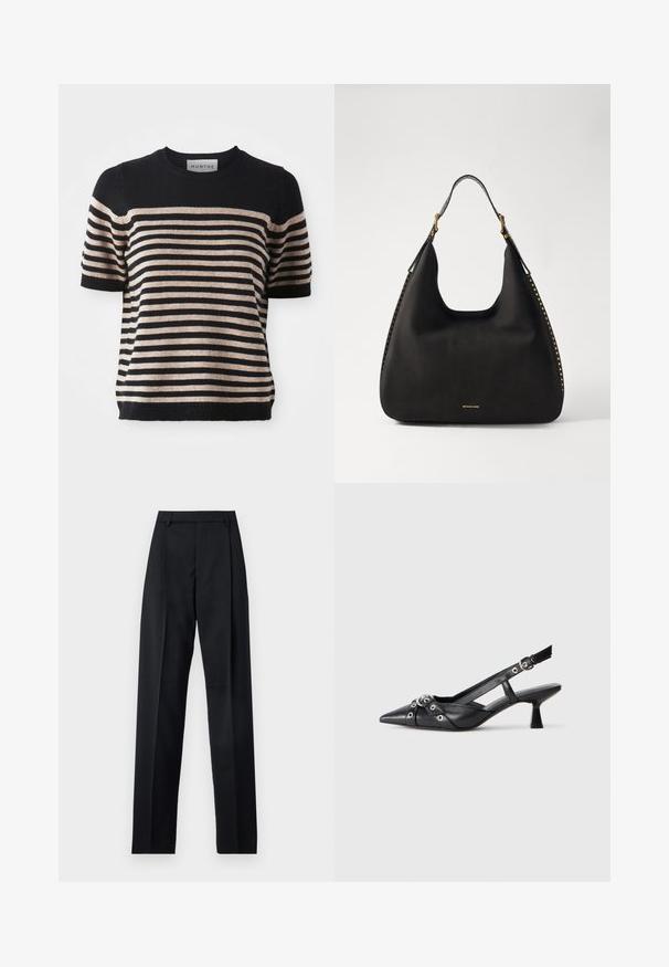 Gestreiftes Kurzarm-Strickoberteil aus einem weichen Material; mit marineblauen und beigen Streifen, Rundhalsausschnitt und geripptem Saum.; Schwarze Hosen aus glattem Stoff mit hoher Taille, weitem Bein, vorderen Falten und klassischen Gürtelschlaufen. Keine sichtbaren Seitentaschen.; Schwarzer Leder-Slingback-Schuh mit spitz zulaufender Zehenpartie, dekorativen Riemen mit METALLÖSEN und niedrigem Blockabsatz. Strukturelle Oberfläche.; MICHAEL Michael Kors NOLITA HOBO  - Handtasche - black