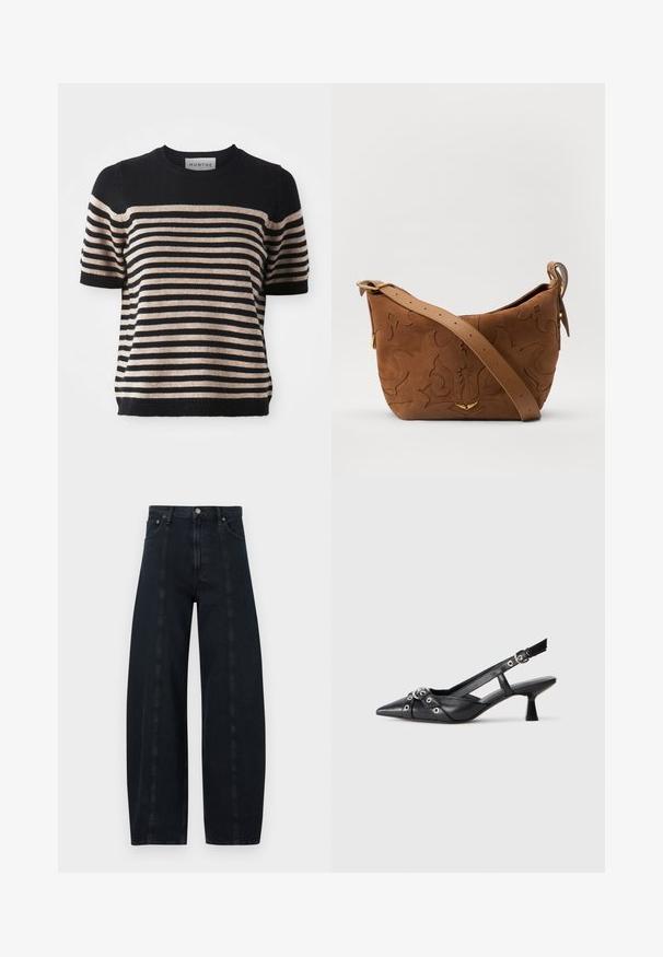 Pull à manches courtes rayé, fabriqué dans un matériau doux ; il présente des rayures bleu marine et beige, un col rond et un ourlet côtelé.; Jeans en denim foncé à jambes larges et taille haute, avec des coutures contrastées et un style classique à cinq poches. Texture lisse, sans motifs visibles.; Chaussure slingback en cuir noir avec un bout pointu, des sangles décoratives avec œillets en métal et un petit talon carré. Surface texturée.; Sac à épaule en suede marron avec un motif floral en relief, complété par une bandoulière en cuir marron lisse et des accents en métal doré.