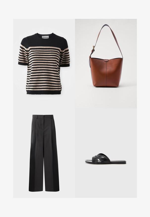 Stripet kortærmet sweater lavet af et blødt materiale; har marineblå og beige striber, rund halsudsigt og ribbet kant.; Sort brede bukser med høj talje, med folder foran, en glat tekstur og en skræddermæssig finish. Designet til en afslappet pasform.; Sorte slide sandaler med en glat læderfinish, der har krydsende remme og udskæringsdetaljer, samt en flad, fleksibel sål.; Brun læder skuldertaske med en buet form, glat tekstur og en enkelt tynd rem. Har en diskret søm og et lille logodesign.
