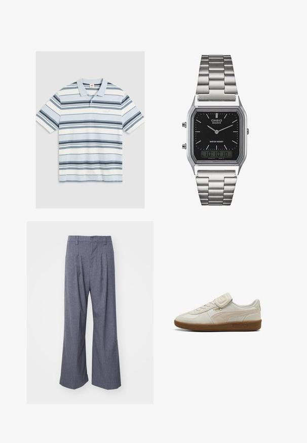 Hellblaues Poloshirt mit horizontalen Streifen in Dunkelblau, Marineblau und Weiß. Besitzt einen Kragen, kurze Ärmel und ein kleines Logo auf der Brust.; Graue gestreifte Hose mit weitem Bein, versehen mit Falten an der Vorderseite und einer glatten Textur. Keine sichtbaren Beschläge oder Akzente.; Weißes Ledersneaker mit strukturierten Akzenten, Gummisohle und goldfarbenem Logodetail. Verfügt über Schnürsenkel und einen Klettverschluss zur Befestigung.; Silberner Edelstahl-Quartz-Uhr mit schwarzem rechteckigem Zifferblatt, ausgestattet mit analogen Zeigern, digitaler Anzeige und Wasserdichtigkeitslabel.