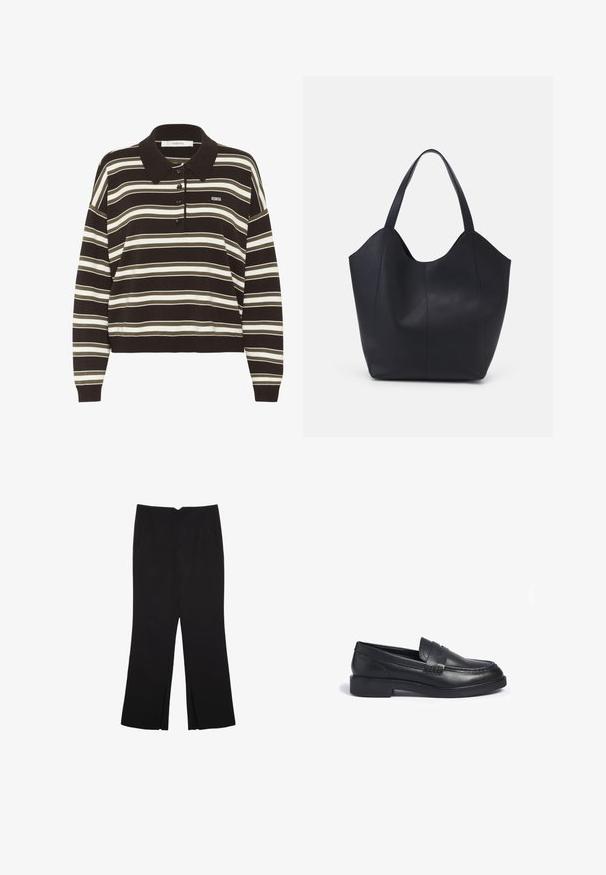 Langarm-Polohemd mit braunen, beigen und weißen horizontalen Streifen, Knopfleiste und kleinem "BG"-Logo auf der Brust.; Schwarze Hose mit geradem Schnitt, ausgestattet mit Fronttaschen und Seitenschlitzen am Saum. Hergestellt aus weichem, glattem Stoff. Geeignet für verschiedene Anlässe.; Schwarze Lederloafers mit einem niedrigen Blockabsatz, die eine geflochtene Verzierung im Schaft und dekorative Nähte entlang der Kanten aufweisen.; Schwarze Tote-Bag aus glattem Leder, mit einem abgerundeten, offenen Oberteil, zwei Schulterträgern und einem minimalistischen Design.