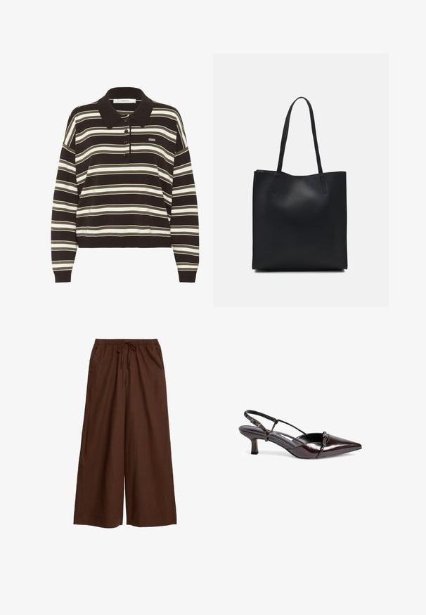 Polo a maniche lunghe con righe orizzontali marroni, beige e bianche, colletto a bottoni e piccolo logo "BG" sul petto.; Pantaloni larghi marroni realizzati in tessuto leggero, dotati di vita elasticizzata con cordoncino e tasche laterali.; Pump slingback in pelle lucida marrone con punta affusolata, tacco a blocco piccolo, design a fasce incrociate e dettaglio decorativo a fiocco nella parte anteriore.; Borsa tote in pelle nera con texture liscia, forma rettangolare e due manici lunghi. Nessun hardware o decorazione visibile.