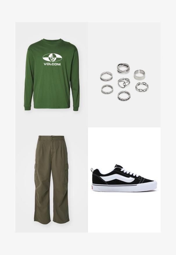 Groene katoenen t-shirt met lange mouwen, voorzien van een wit ovaal logo met een diamanten vorm en de tekst "VOLCOM" gecentreerd eronder.; Cargo broek in olijfgroen, gemaakt van katoen, met een wijd broekontwerp, plooien en zijzakken voor utility.; Zwarte suède sneakers met witte accenten, voorzien van een laag ontwerp, vetersluiting en een dikke witte rubberen zool. Merkenlogo op de hiel.; Set van zeven zilveren ringen met verschillende ontwerpen, waaronder gedraaide, verbonden en gegraveerde patronen. Verschillende vormen en breedtes.